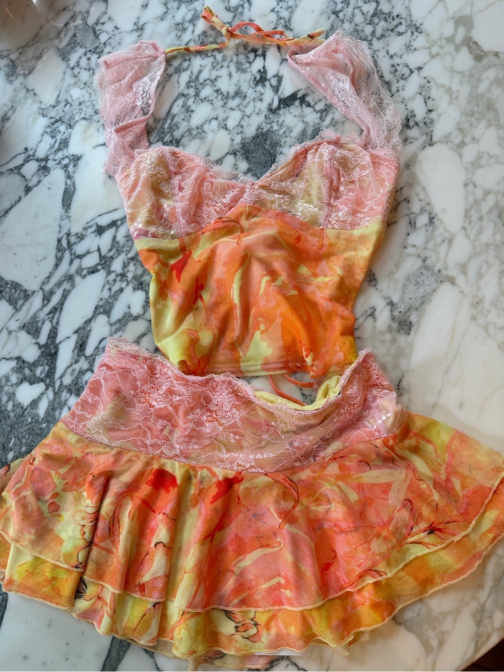 Tiger Mist Pink and Orange Watercolor Halter Mini Dress